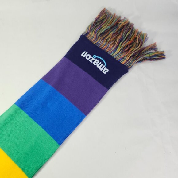Rainbow Pride Neck Scarf 61"x7" Amazon Promo Embroidered Stitch Logo Fringe Tip - Picture 9 of 11